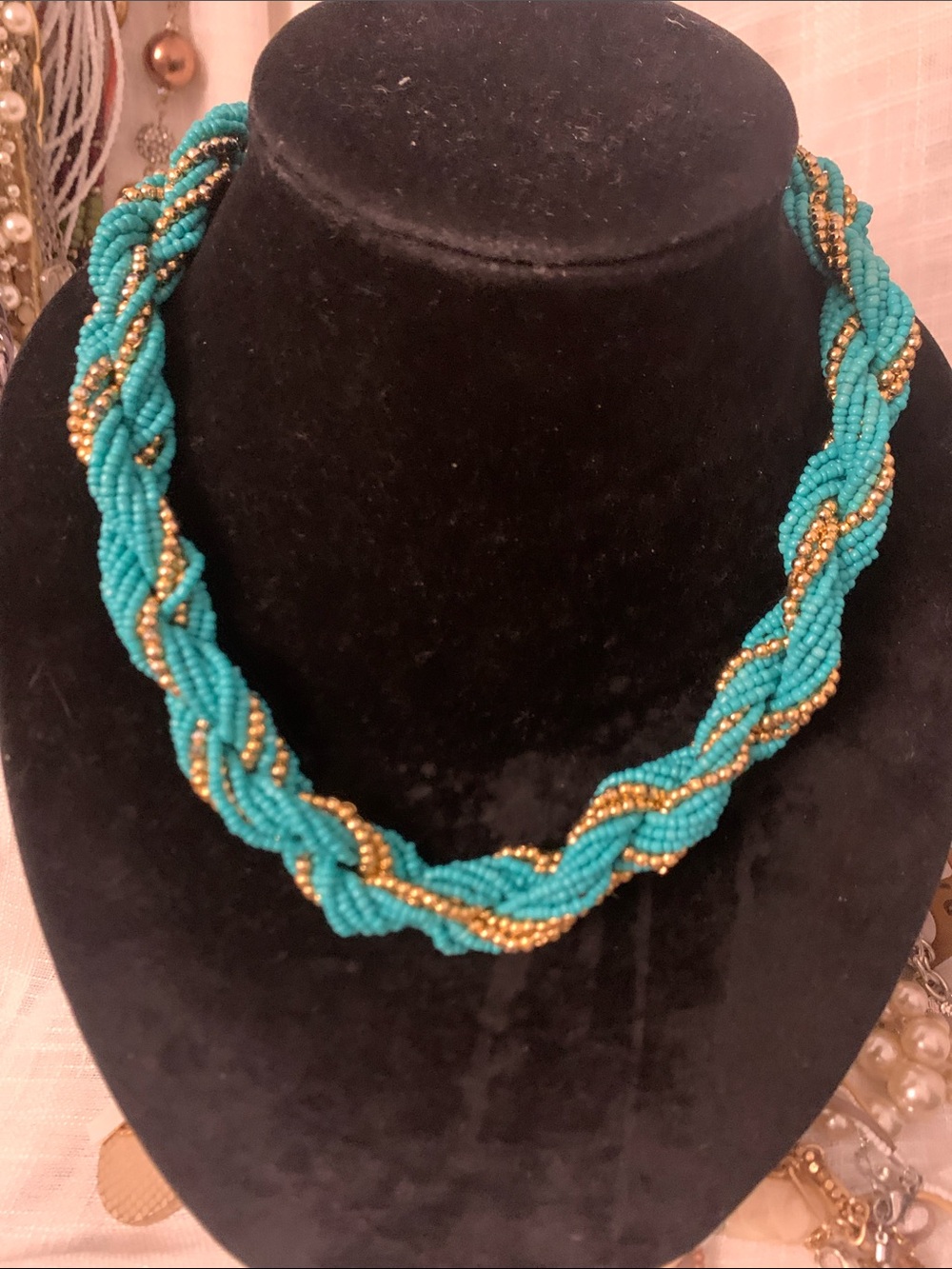 Turquoise and Gold Braided Seed Bead Necklace - Women's Jewelry